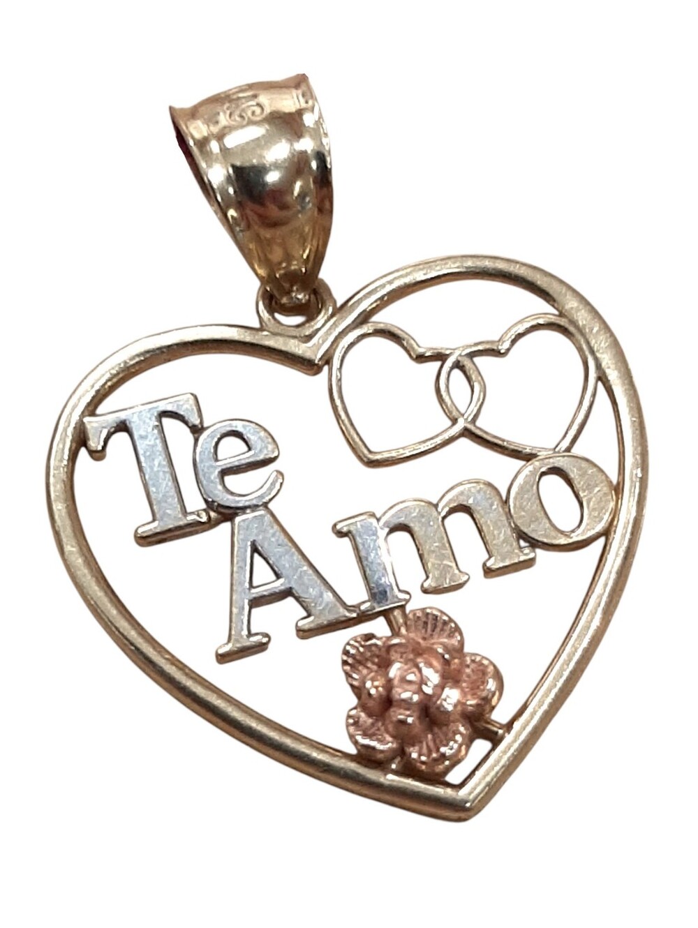 Te Amo 14K Solid Gold Heart Pendant Tri-Color Gold with Flower I Love You